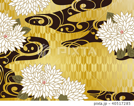 花と金と波の和柄の背景素材のイラスト素材