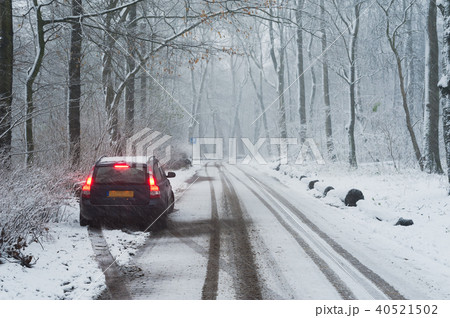car parked in the border of a road in the forest car parked in the border of a road in the forest 40521502