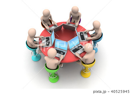 3d people around a table looking at laptops 3d people around a table looking at laptops 40525945