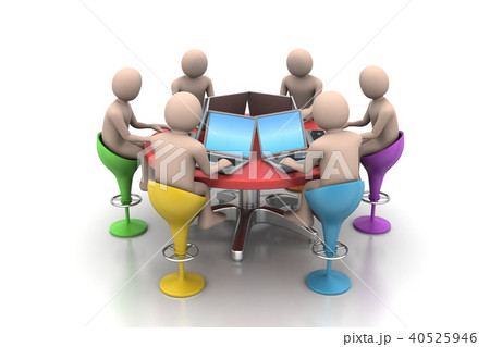 3d people around a table looking at laptops 40525946