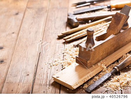 retro wooden planer in a workshop 40526796