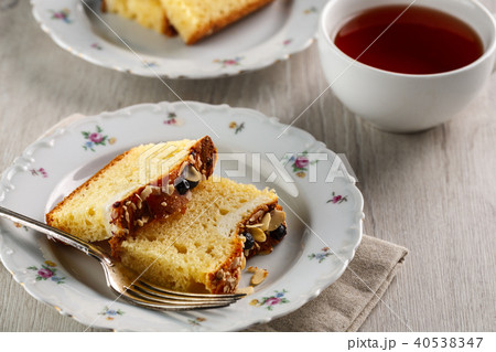sliced cake with almonds and blueberries 40538347
