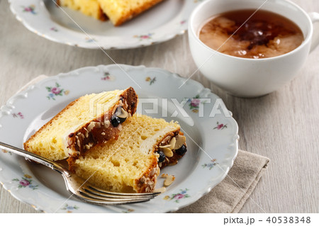 sliced cake with almonds and blueberries 40538348