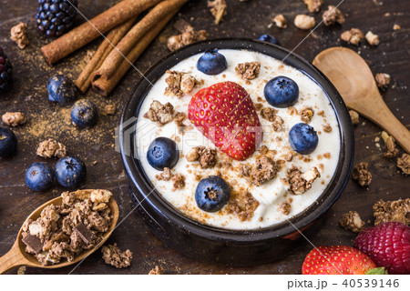 Yogurt with Raspberry, Blueberries and Muesli 40539146