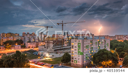 Lightning Over Housing Estate. Storm in the City. 40539544