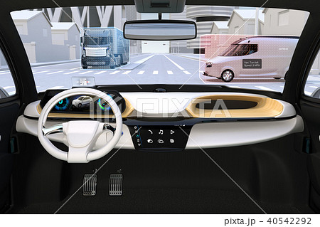 自動運転車のフロントガラスに投影される運転情報のイメージ 運転補助システムのコンセプトのイラスト素材
