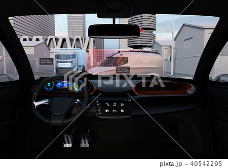 自動運転車のフロントガラスに投影される運転情報のイメージ 運転補助システムのコンセプトのイラスト素材
