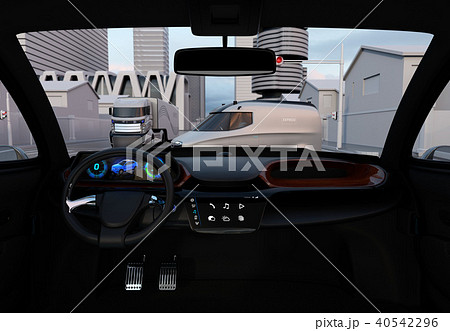 自動運転車の運転席から見る交差点のイメージのイラスト素材