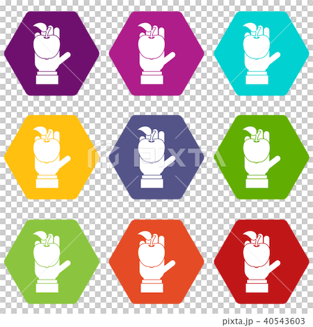 Apple in hand icon set color hexahedron Apple in hand icon set color hexahedron 40543603