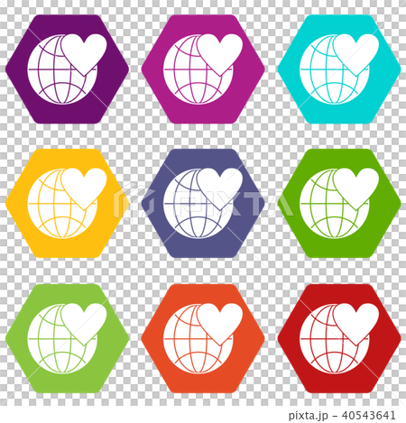 Earth world globe with heart icon set color hexahedron 40543641
