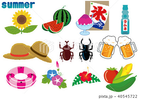 夏のイメージのイラスト 夏のイメージのアイコン素材 ヒマワリ 朝顔 麦わら帽子 ベクターデータのイラスト素材