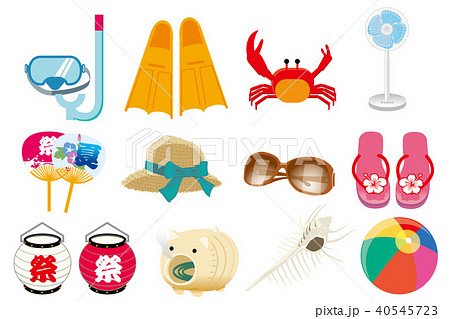 夏のイメージのイラスト｜夏のイメージのアイコン素材　ヒマワリ・朝顔・麦わら帽子｜ベクターデータ 40545723