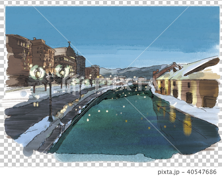 小樽運河夜景 水彩画   (F4) 小樽運河夜景 水彩画 (F4) 小樽運河夜景 水彩画 (F4) 小樽運河の