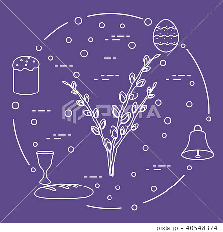 Easter cake, willow branches, bell, bowl, egg 40548374