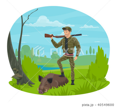 Hunter With Rifle And Trophy Boar Cartoon Iconのイラスト素材