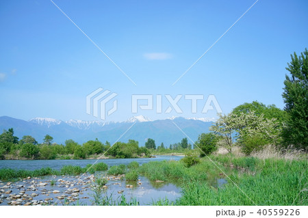 高瀬川→犀川合流直前ポイントから常念岳を望む 高瀬川→犀川合流直前ポイントから常念岳を望む 40559226