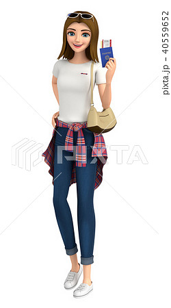 3D イラスト - ジーンズ姿の女性がパスポートを持っています 40559652