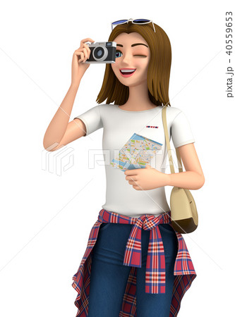 3D イラスト - ジーンズ姿の女性がカメラで撮影しています  40559653