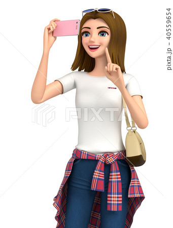 3d イラスト ジーンズ姿の女性がスマートフォンで撮影しています のイラスト素材