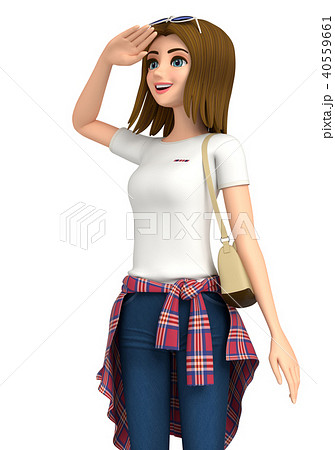 3d イラスト ジーンズ姿の女性が景色を見ていますのイラスト素材