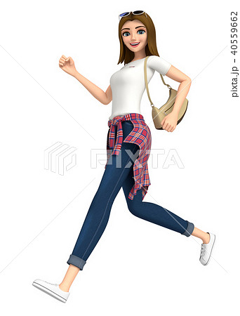 3d イラスト ジーンズ姿の女性が走っていますのイラスト素材