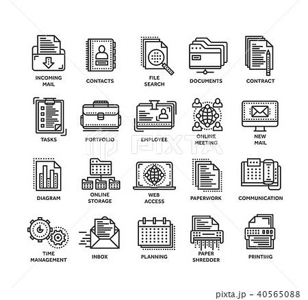Business and office work. Documents, paperwork. Businessman. Thin line black web icon set. Outline 40565088
