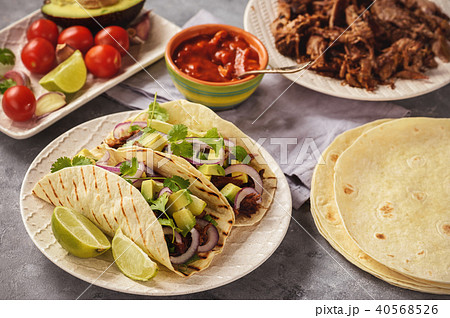 Pulled porc carnitas with avocado on tortilla. Pulled porc carnitas with avocado on tortilla. 40568526