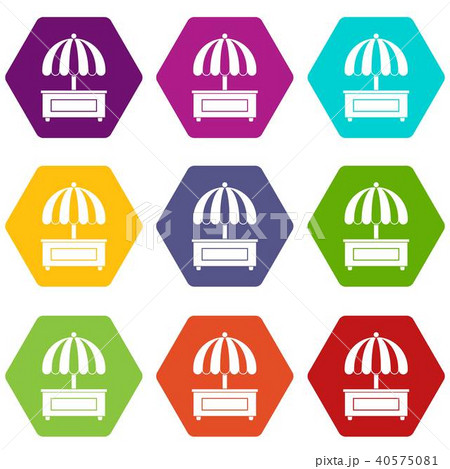Shopping counter with umbrella icon set color hexahedron 40575081