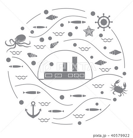 ship, octopus, fish, anchor, helm, waves, ship, octopus, fish, anchor, helm, waves, 40579922