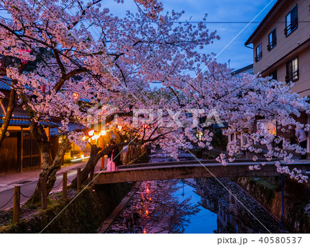 桜が満開の城崎温泉の写真素材