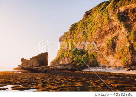 High cliff with rocks, stones, low tide ocean 40582336