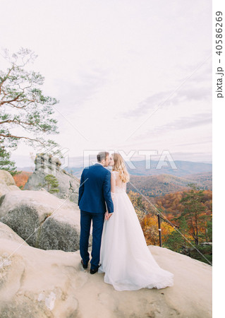 Back view of the kissing newlywed couple at the background of the yellowed forest. 40586269