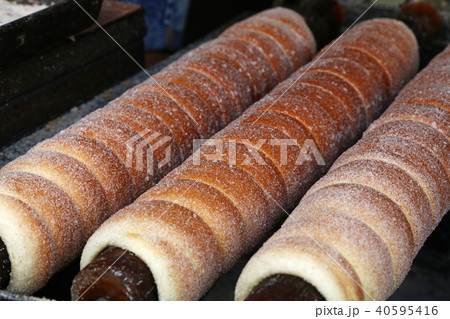 Close up baking chimney cake on grill 40595416