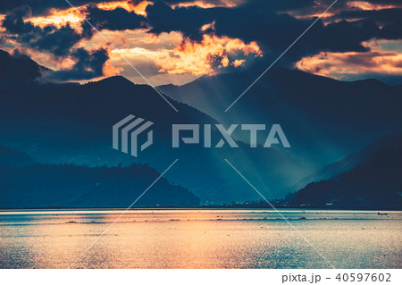 The sunset over the Phewa Lake. Pokhara. Nepal. 40597602