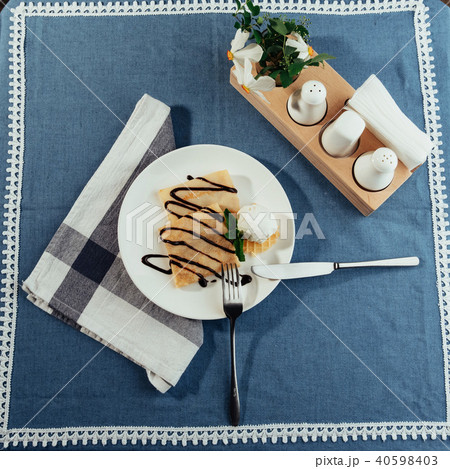 delicious pancakes with chocolate syrup and ice cream delicious pancakes with chocolate syrup and ice cream 40598403