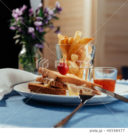 Grilled cheese sandwich and fries. 40598477