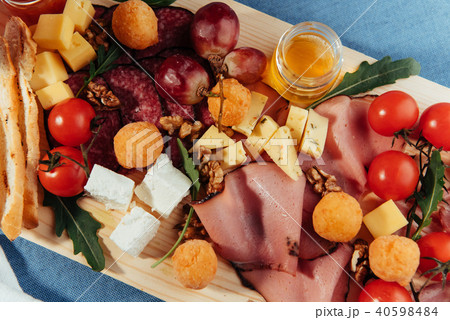 big group of meat, bread and vegetables 40598484