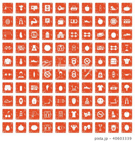 100 Gym Icons Set Grunge Orangeのイラスト素材