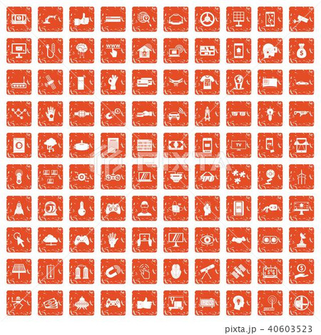 100 Hi Tech Icons Set Grunge Orangeのイラスト素材