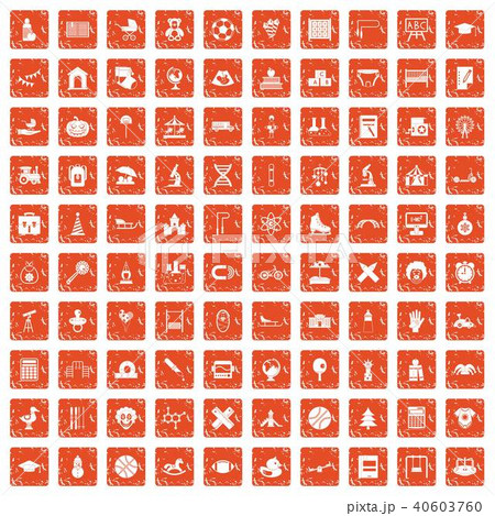 100 Kids Icons Set Grunge Orangeのイラスト素材