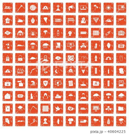 100 Natural Disasters Icons Set Grunge Orangeのイラスト素材