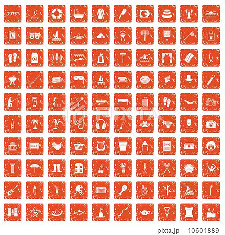 100 Recreation Icons Set Grunge Orangeのイラスト素材
