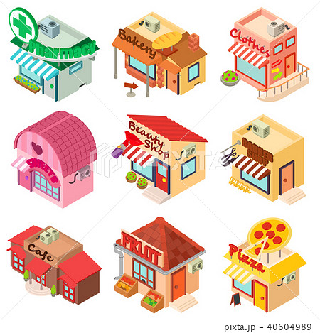 Store facade front shop icons set, isometric style Store facade front shop icons set, isometric style 40604989