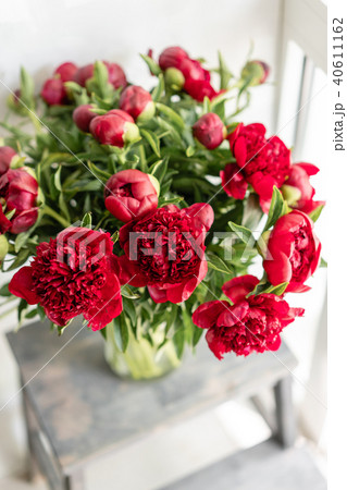 Lovely flowers in glass vase. Beautiful bouquet of red peonies . Floral composition, scene, daylight 40611162