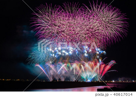 男鹿日本海花火の風景の写真素材