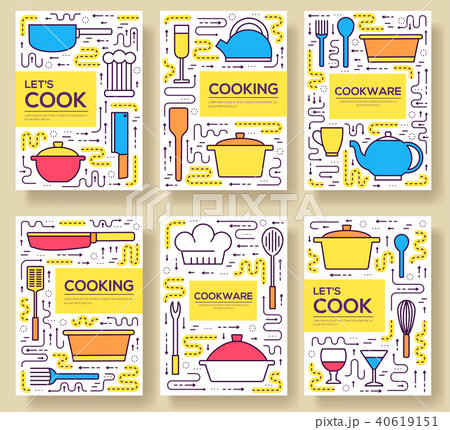 Premium quality cookware vector brochure cards thin line set. Kitchen table linear template of 40619151