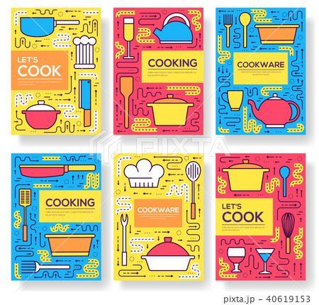 Premium quality cookware vector brochure cards thin line set. Kitchen table linear template of Premium quality cookware vector brochure cards thin line set. Kitchen table linear template of 40619153