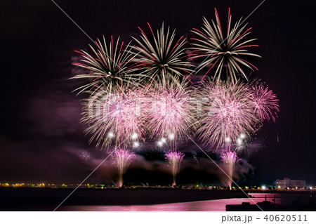 男鹿日本海花火の風景の写真素材