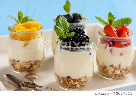 Natural yogurt with muesli, mango and berries. Natural yogurt with muesli, mango and berries. 40627519