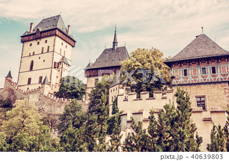 Karlstejn is a large gothic castle, red filter Karlstejn is a large gothic castle, red filter 40639803